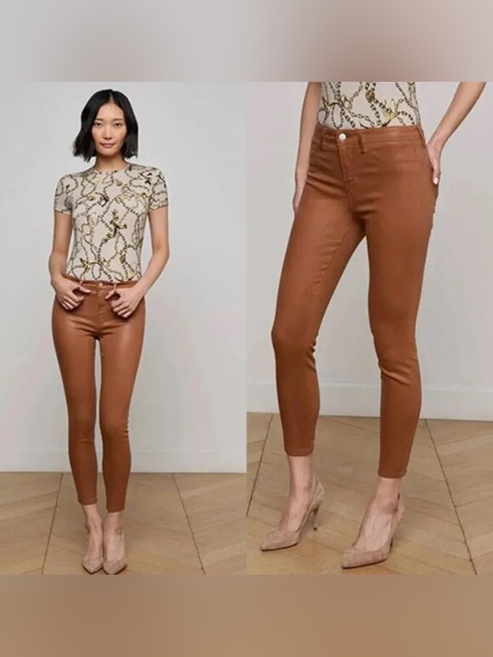 L'AGENCE Margot High-Rise Coated Skinny Jeans in a warm "Java Coated" | size 29